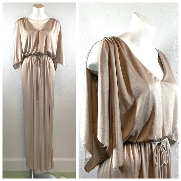 70s Metallic Champagne Muse Style Gown ILGWU Union Made Maxi Dress Size Medium - Picture 1 of 8